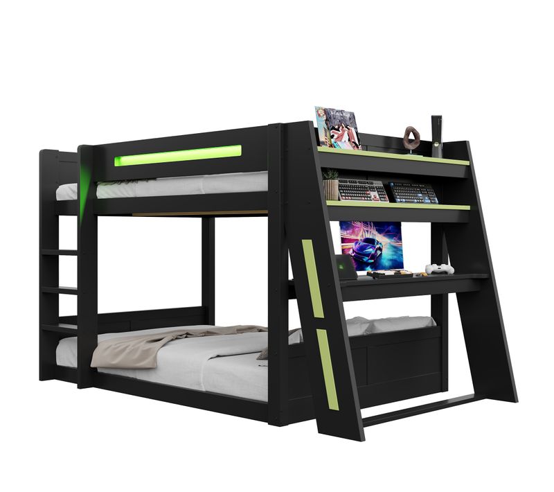 Lit Superposé Enfant 140x200 Cm Avec Bureau, échelle, étagères, USB Et LED, En Bois Noir Et Vert