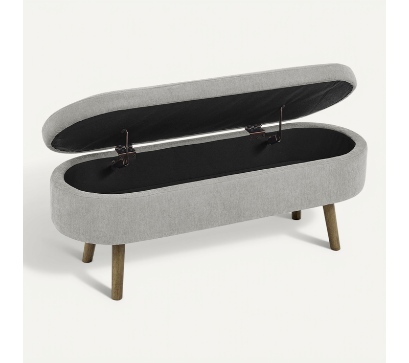 Banquette Ovale 110x40x42 Cm En Chenille Grise Avec Coffre 20 L