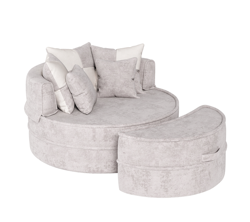 Fauteuil Relax Rond 121x106x66 Cm En Chenille Gris, Ottomane Et 5 Coussins