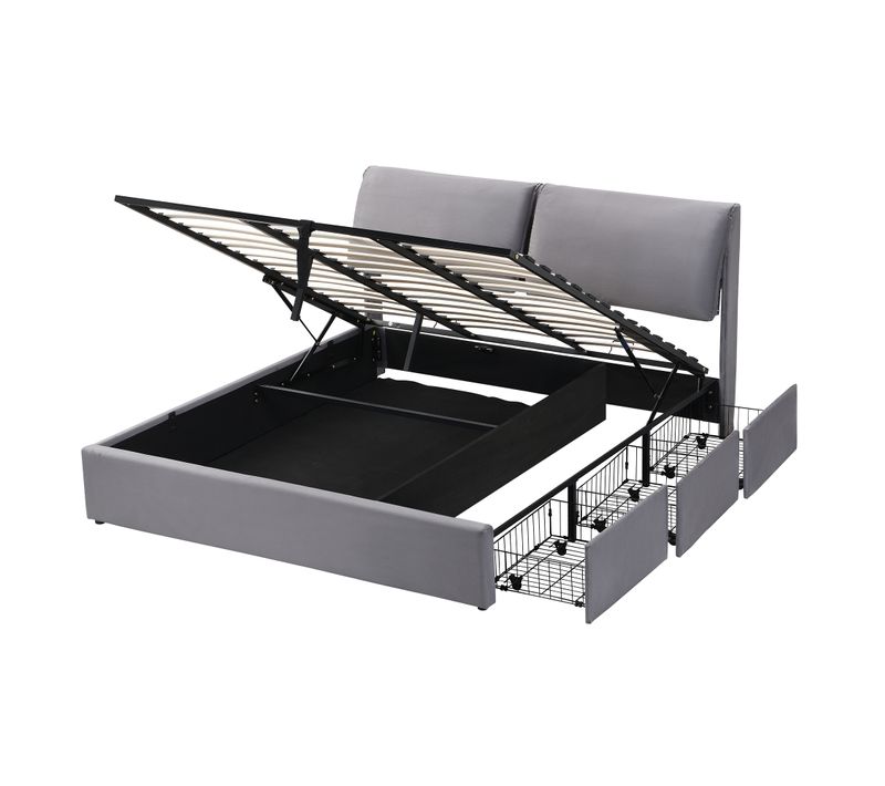 Lit Coffre Adulte 180x200 Cm Avec 3 Tiroirs Et Sommier à Lattes, En Velours Gris