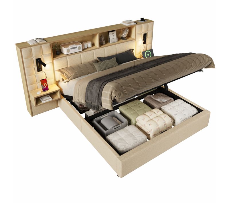 Lit Adulte 180x200 Cm Avec Coffre De Rangement, LED, USB Et Type-c, En Lin Beige