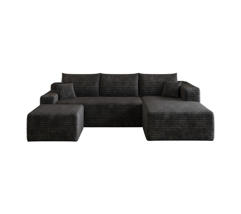 Canapé Compressé D’angle Modulable 4 Places 241x151 Cm En Velours Côtelé Noir, Sans Montage