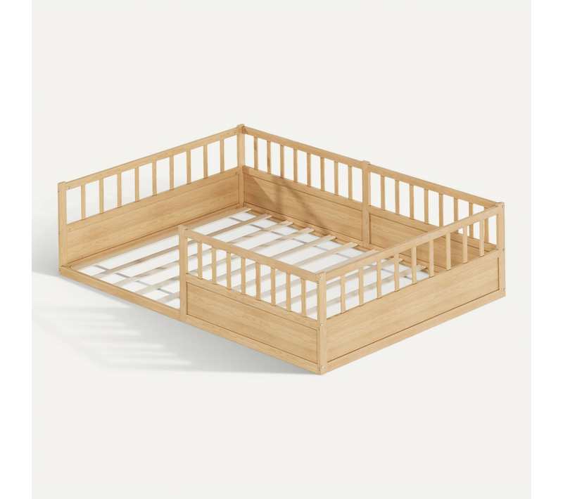 Lit Enfant Au Sol 140x200 Cm Avec 3 Côtés De Sécurité Et Sommier à Lattes, En Pin Naturel