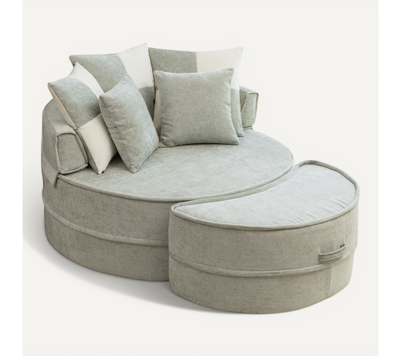 Fauteuil Rond 121x106x66 Cm Avec Pouf Et 5 Coussins, En Chenille Vert Menthe