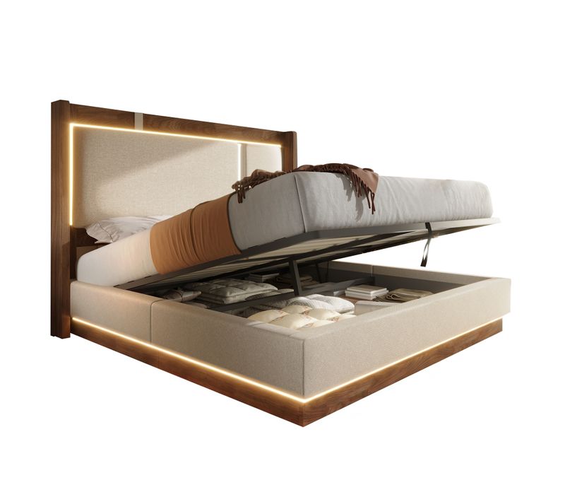 Lit Coffre Adulte 180x200 Cm En Lin Beige Avec LED, Tête De Lit Et Sommier À Lattes