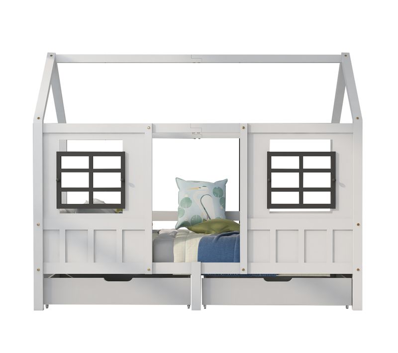 Lit Enfant 200x90 Cm - Lit Cabane Avec 2 Tiroirs Et Rangement, Maison En Bois Blanc