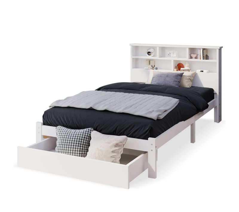 Lit Avec Rangement 90x200 Cm - Lit Simple Avec Tiroirs Et Tête De Lit - Pin + Mdf - Blanc