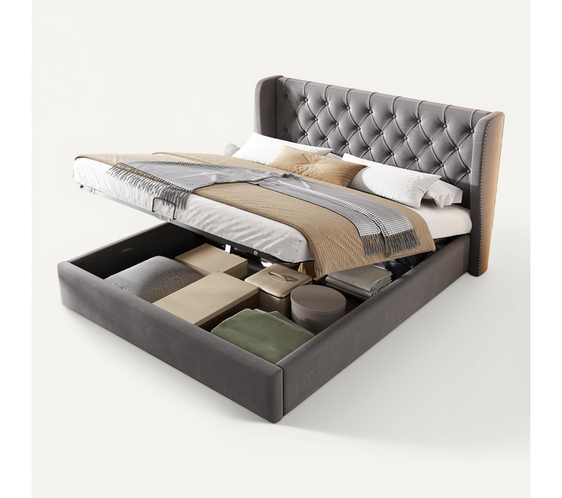 Lit Coffre 140x200 Cm - Lit Double Avec Sommier à Lattes Et Coffre Hydraulique - Velours - Gris