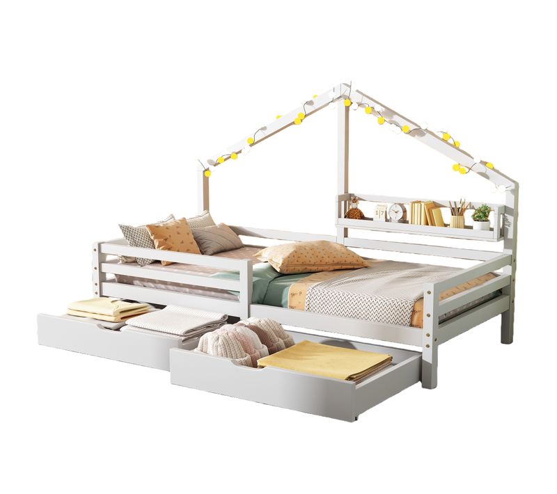 Lit Enfant 90x200 Cm - Avec 2 Tiroirs De Rangement Et Toit Cabane, Bois, Blanc