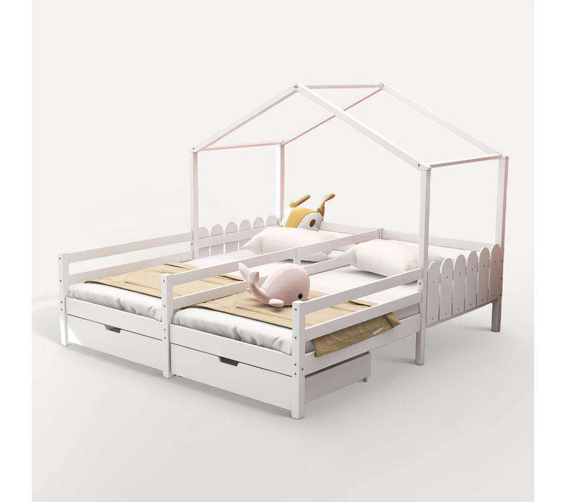 Lit Enfant Cabane 90x200 Cm Avec Toit, Fenêtres, 2 Tiroirs Mdf Avec Roulettes, Cadre En Pin Blanc