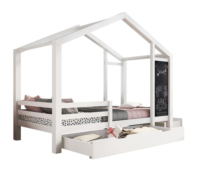 Lit Enfant 90x200 Cm - Lit Cabane Avec Tableau Et 2 Tiroirs, Rangement Pratique, Bois Et Mdf, Blanc