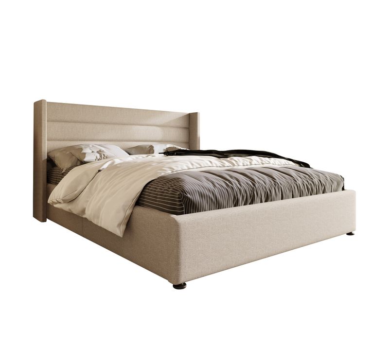 Lit Coffre 160x200 Cm - Lit Double Rembourré Beige Avec Sommier à Lattes - Lin