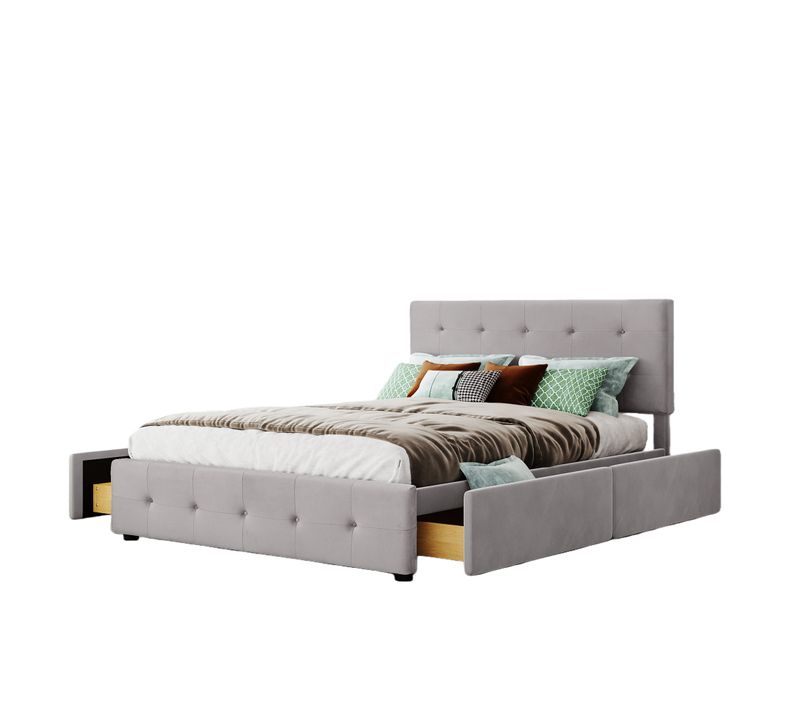 Lit Double 140x200 Cm - Avec 4 Tiroirs, Lit Confortable En Velours, Tête De Lit Rembourrée, Gris