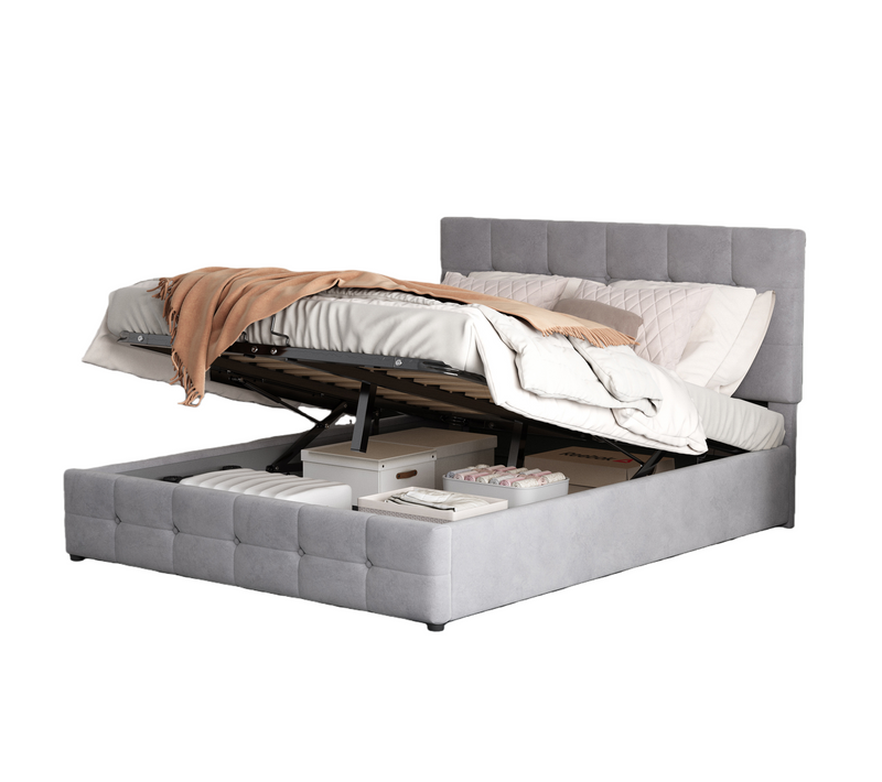 Lit Coffre 140x200 Cm Double Avec Tête Capitonnée Réglable, Sommier Métal à Lattes, Velours Gris