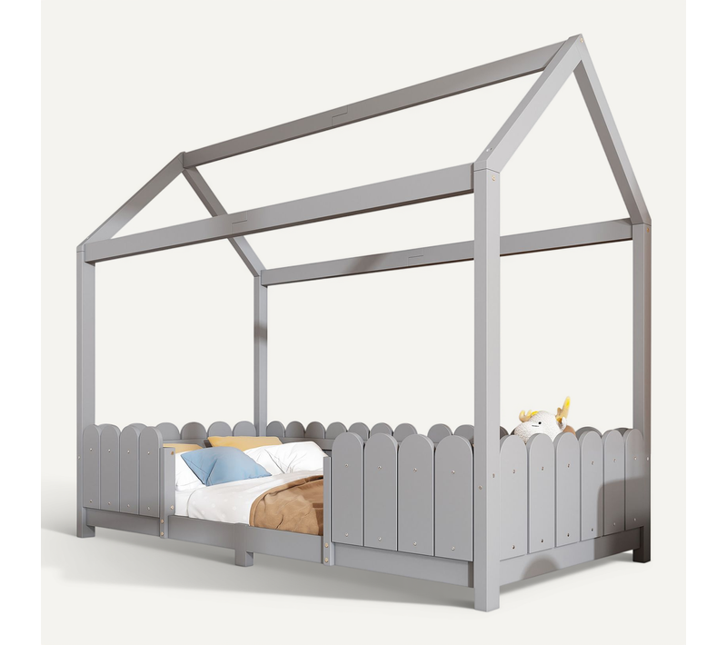 Lit Enfant 90x200 Cm - Lit Cabane Avec Clôtures Et Sommier Inclus, Structure En Bois De Pin, Gris