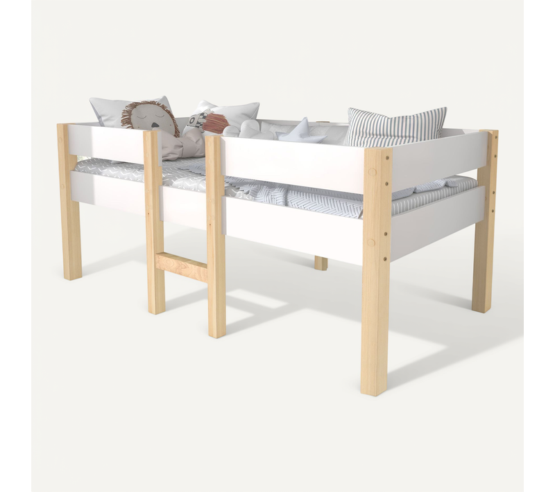 Lit Cabane 90x200 Cm - Lit Enfant Mi-hauteur Avec Protection Antichute - Bois - Blanc