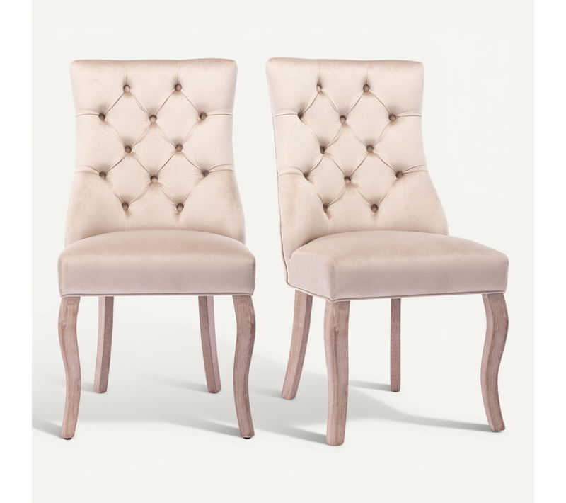 Chaise Salle à Manger Lot De 2 Avec Dossier à Boutons Et Pieds Bois Velours De Soie - Beige