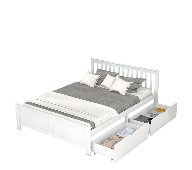 Lit Double 140x200 Cm - Bois Massif Avec 2 Tiroirs De Rangement Intégrés -  - Pin + Mdf - Blanc