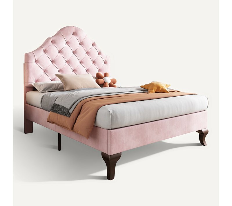 Lit Simple 90x200 Cm - Lit Capitonné En Velours Avec Tête De Lit Réglable, Design Moderne - Rose