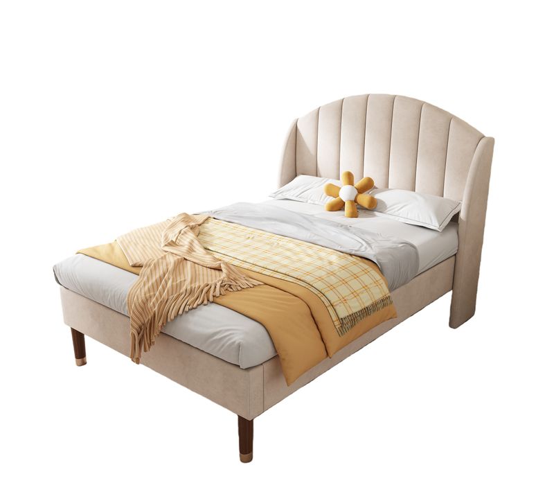 Lit Simple 90x200 Cm - Lit Rembourré Ado - Velours - Beige