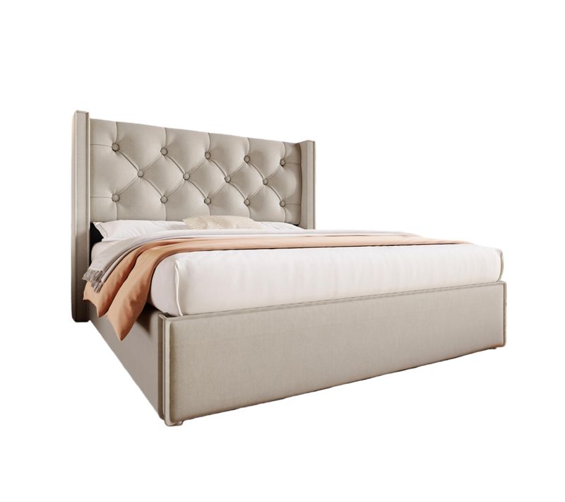 Lit Coffre Double Capitonné 160x200 Cm – Tête De Lit, Sommier à Lattes, Bois/métal, Gris Clair