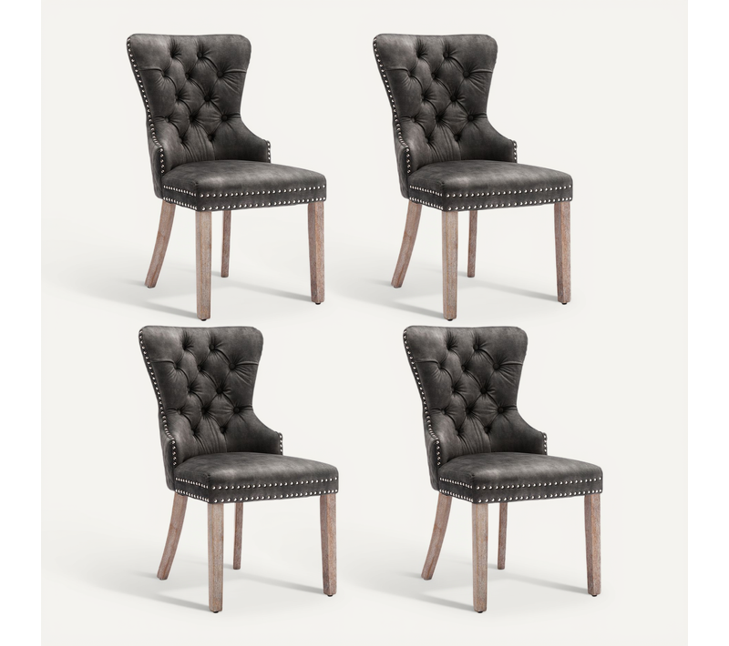 Lot De 4 Chaises Salle à Manger Velours Gris, Dossier Haut Avec Anneau, Pieds Bois