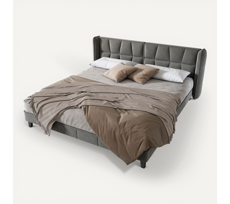 Lit Double Ado/adulte 180x200 cm - Tête De Lit Et Sommier à Lattes, Contemporain En Velours, Gris