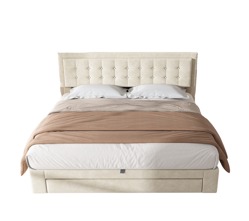 Lit Coffre 180x200 Cm – Coffre Hydraulique Avec Tiroir Et Sommier à Lattes, Velours, Beige