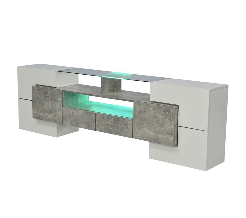 Meuble TV Moderne - Avec Surface En Verre Et Éclairage LED, Structure En Mdf - Blanc Et Gris