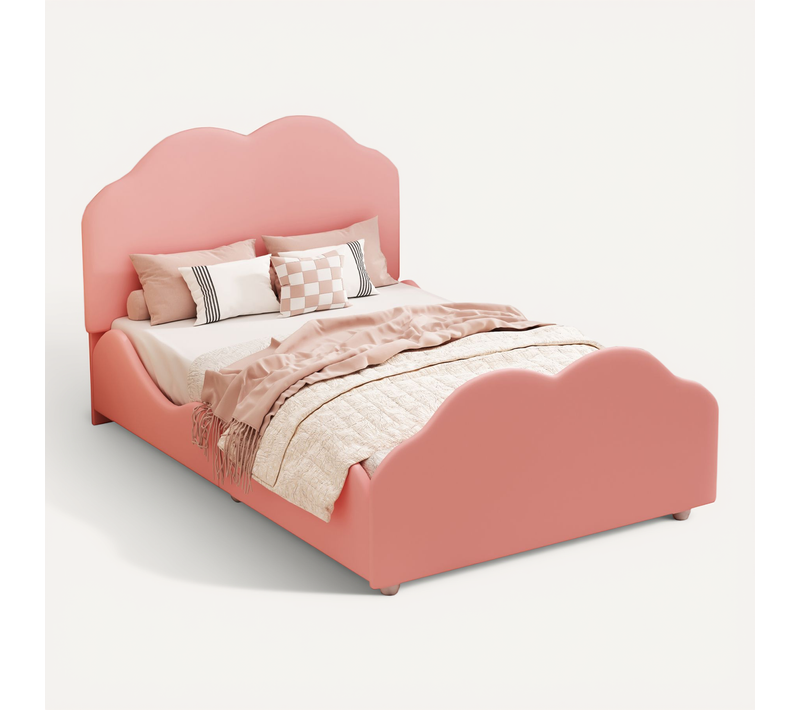 Lit Enfant 90x200 Cm - Lit Capitonné Avec Tête Et Pied De Lit Nuage - Velours - Rose