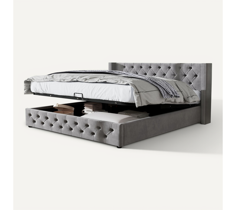 Lit Coffre 140x190 Cm - Lit Double Capitonné Avec Rangement Hydraulique - Velours Gris