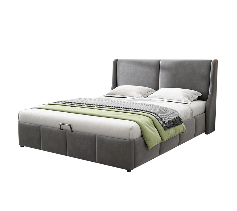 Lit Coffre 140x190 Cm - Lit Double Capitonné Avec Tête De Lit Oreille - Velours - Gris