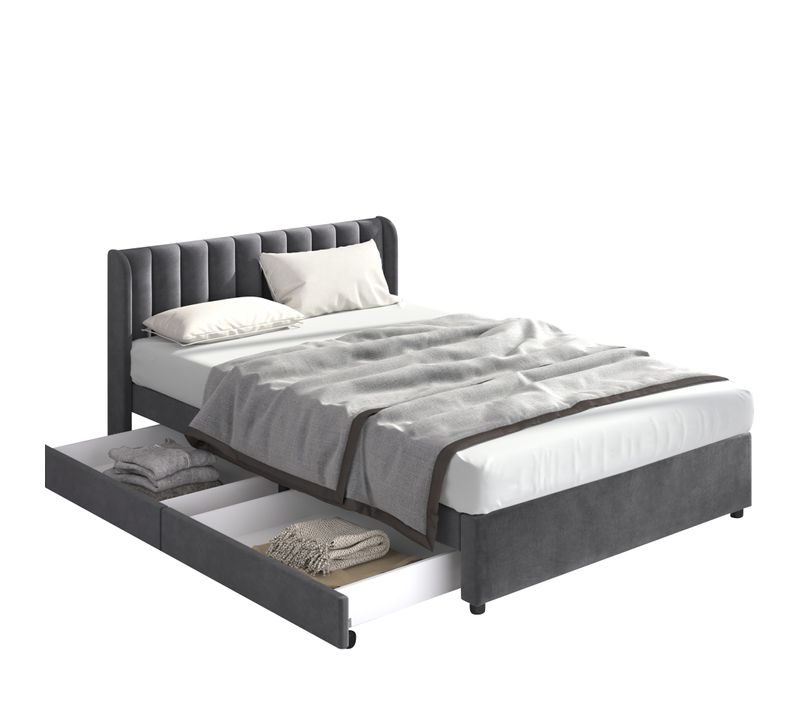 Lit Avec Rangements 160x200, Lit Double Capitonné En Velours Gris Avec 2 Tiroirs