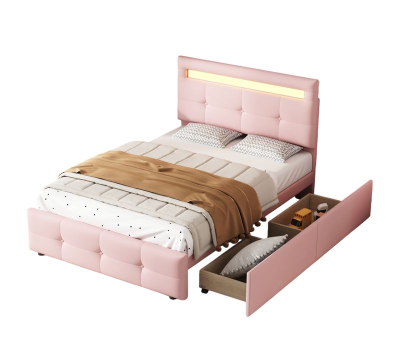 Lit Enfant 90x200 Cm Avec 2 Tiroirs, Éclairage LED Et Rangement, Confortable, Lin Rose