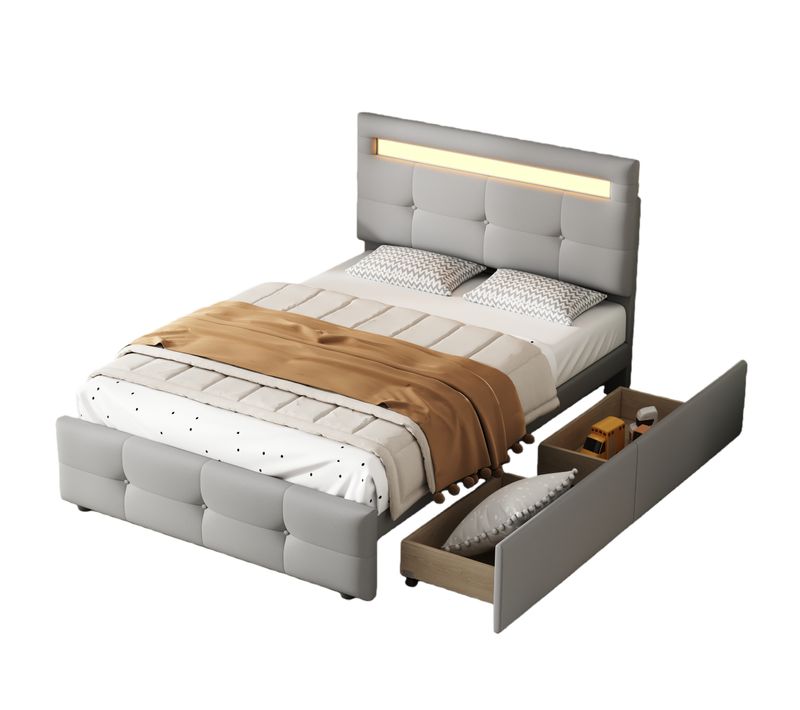 Lit Enfant 90x200 Cm Avec 2 Tiroirs, éclairage LED Et Rangement, Confortable, Lin Gris