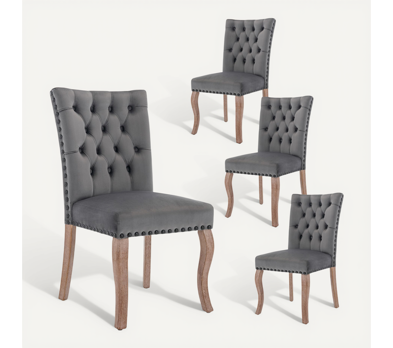 Lot De 4 Chaises Velours, Dossier Avec Anneau Et Clous Décoratifs, Pieds Bois , Gris