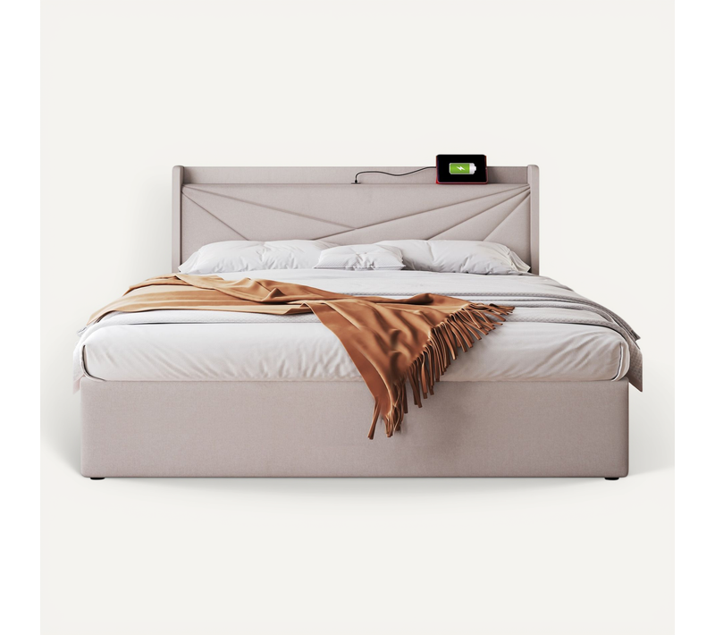 Lit Coffre 160x200 Cm, Double Capitonné, Sommier à Lattes, USB Type-c, Métal, Beige
