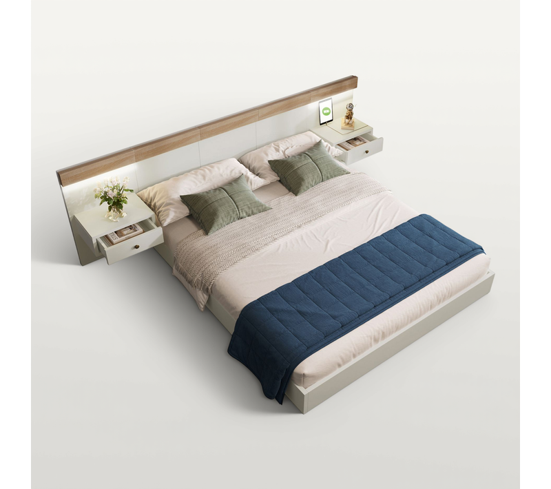 Lit Double 140x200 Cm - Lit En Bois Avec 2 Tables De Chevet Et USB - Bois - Naturel