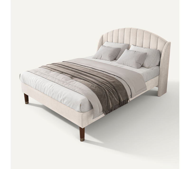 Lit Double 140x200 Cm - Lit Rembourré Ado - Velours - Beige