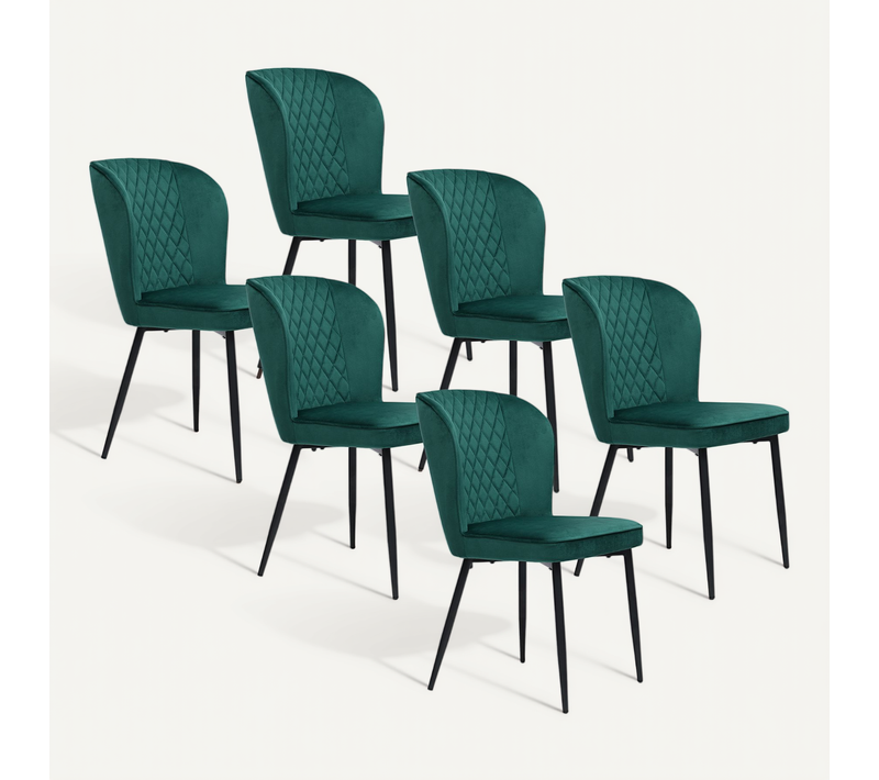 Chaises De Salle à Manger - Lot De 6 Chaises En Velours Vert Foncé, Structure Métallique, Moderne
