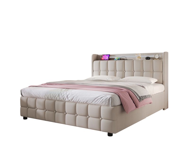 Lit Avec Rangement 180 X 200 Cm - Lit Double Avec Ports USB Et LED - Lin Bois Métal - Beige
