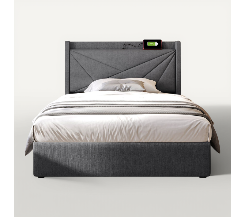 Lit Coffre 90x200 Cm - Lit Simple Avec Fonction USB - Coton Bois Métal - Gris