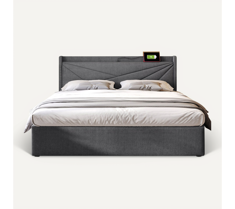 Lit Coffre 140x200 Cm - Lit Double Avec Sommier à Lattes Et USB Type C - Coton Bois Métal - Gris