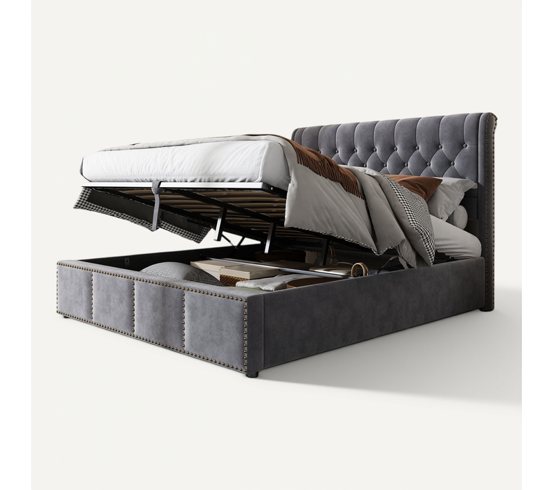Lit Double 140x200 Cm, Rangement Hydraulique, Sommier à Lattes, Banc De Rangement, Velours Gris