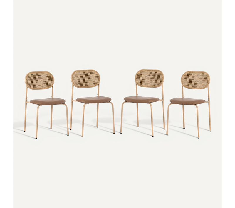 Chaise De Salle à Manger Lot De 4 - Dossier Ovale En Rotin, Pieds Méta - Marron