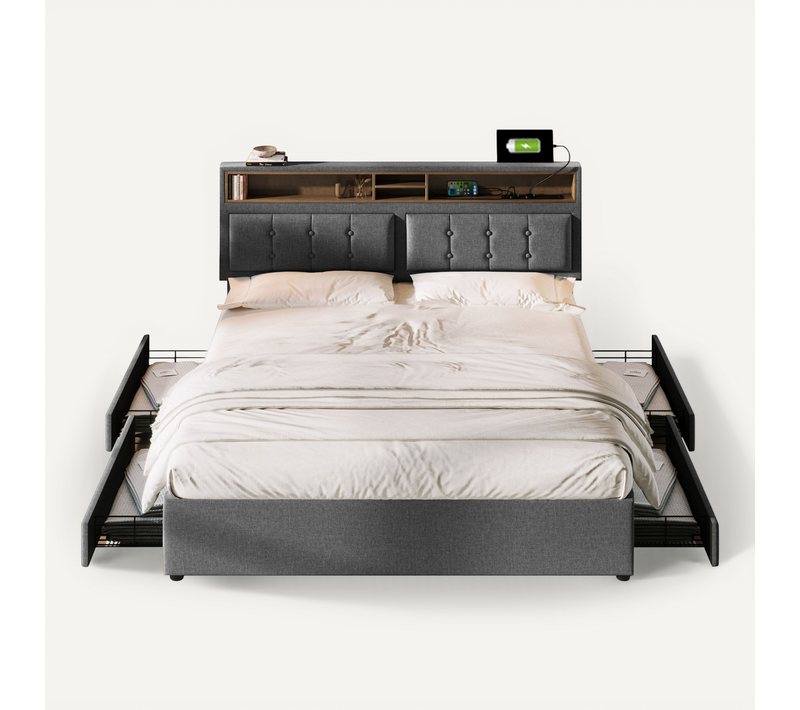 Lit Double 140 X 200 Cm - Rangement, 4 Tiroirs, Tête De Lit, Prise USB-c - Lin, Bois - Gris