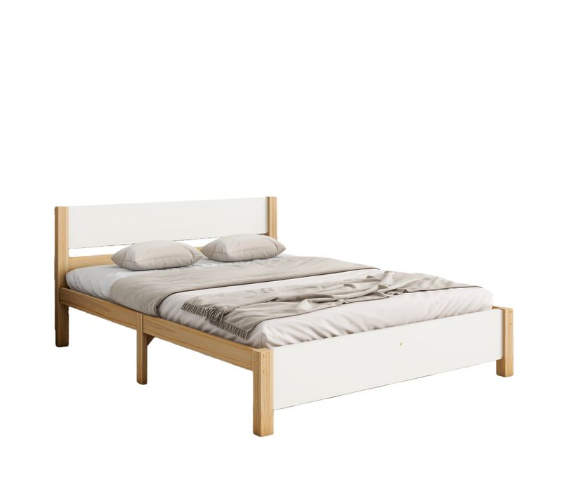 Lit Enfant 140x200 Cm - Lit Classique Avec Tête Et Pied De Lit - Pin + Mdf - Blanc + Naturel