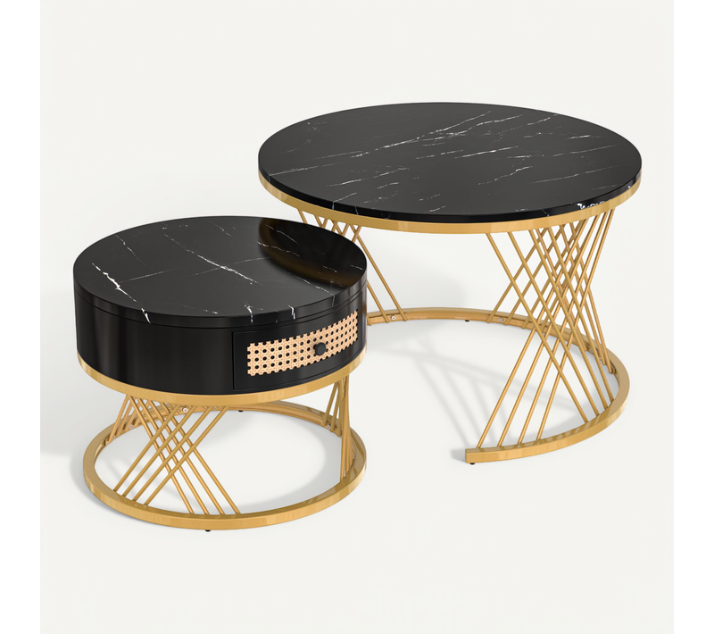 Tables Gigognes Rondes Lot De 2, Plateau Mdf Marbre, Structure Métal Durable, Noir/doré