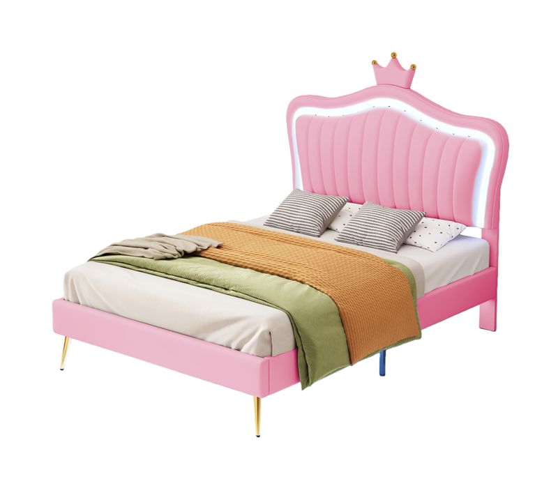 Lit Simple 90x200 Cm Enfant Capitonné Avec LED Couronne, Cuir Synthétique + Mdf + Métal Rose