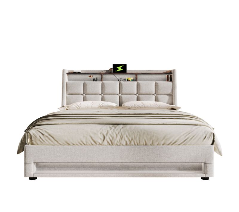 Lit Coffre 140x200 Cm - Lit Capitonné Ados Avec USB Et LED - Lin - Beige